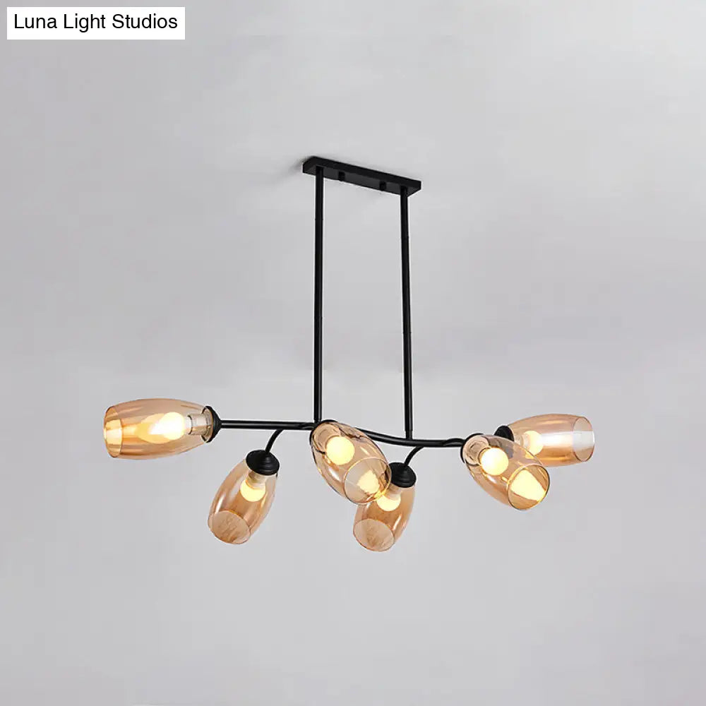DecorBites™ Modern Island Pendant Light with Clear/Amber Glass Shade and Black Branch Design - 6-Bulb Ceiling Hanging Fixture