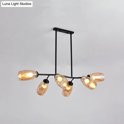 DecorBites™ Modern Island Pendant Light with Clear/Amber Glass Shade and Black Branch Design - 6-Bulb Ceiling Hanging Fixture