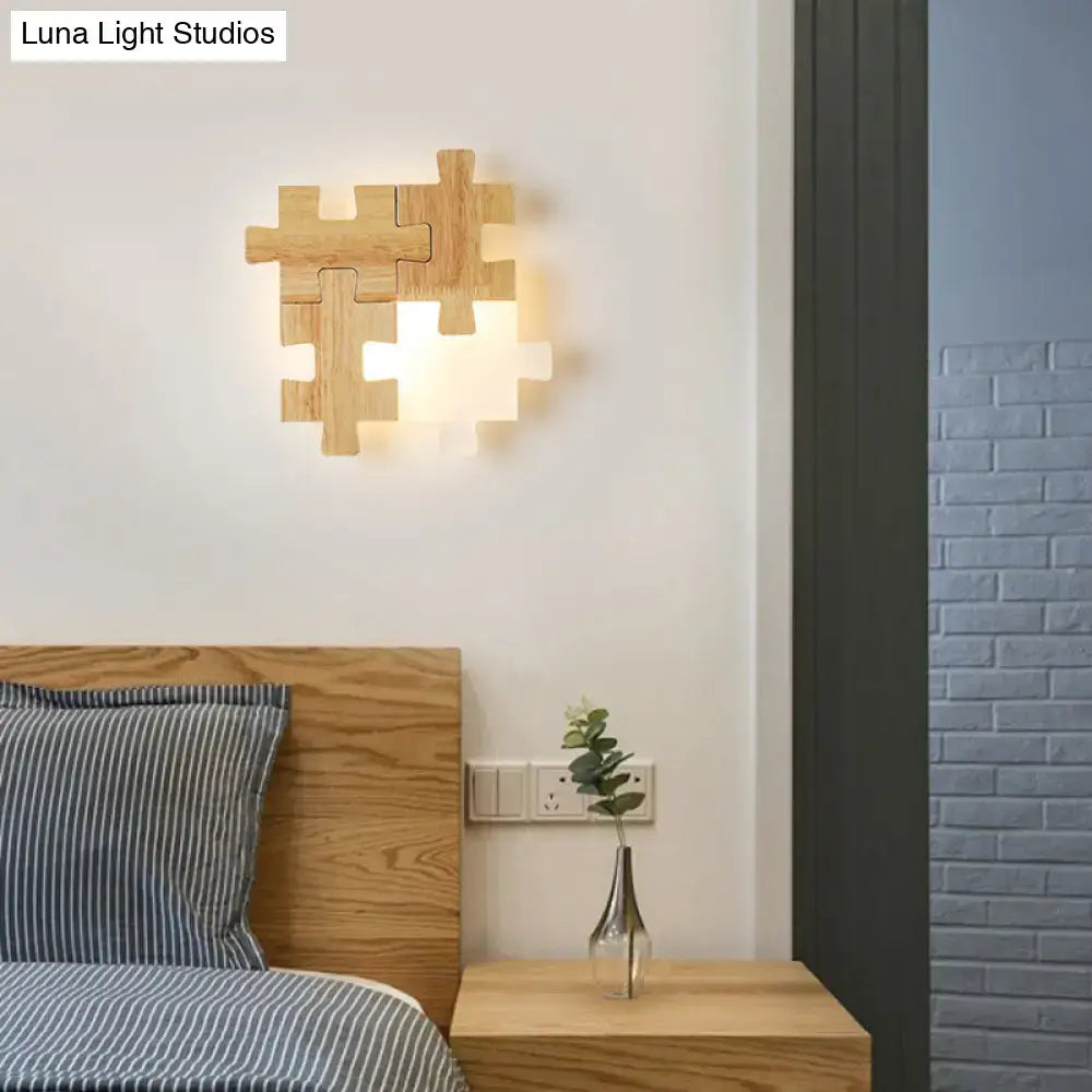 Modern jigsaw wood wall lamp – bedroom led lighting sconce