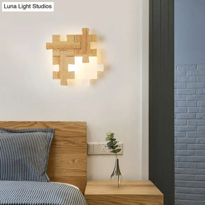 Modern jigsaw wood wall lamp – bedroom led lighting sconce