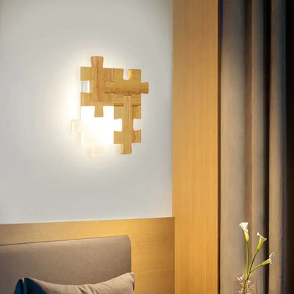 Modern jigsaw wood wall lamp – bedroom led lighting sconce