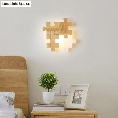 Modern jigsaw wood wall lamp – bedroom led lighting sconce