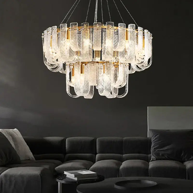 Modern layered clear glass and gold ceiling chandelier living room