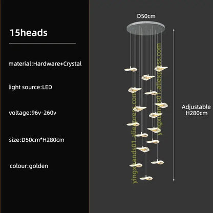 Modern leaf crystal glass staircase chandelier living room light