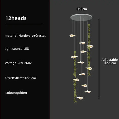 Modern leaf crystal glass staircase chandelier living room light