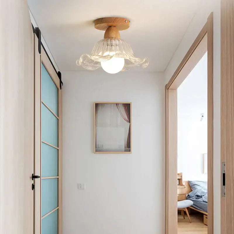 Modern leaf glass ceiling light hallway warm wood led lighting