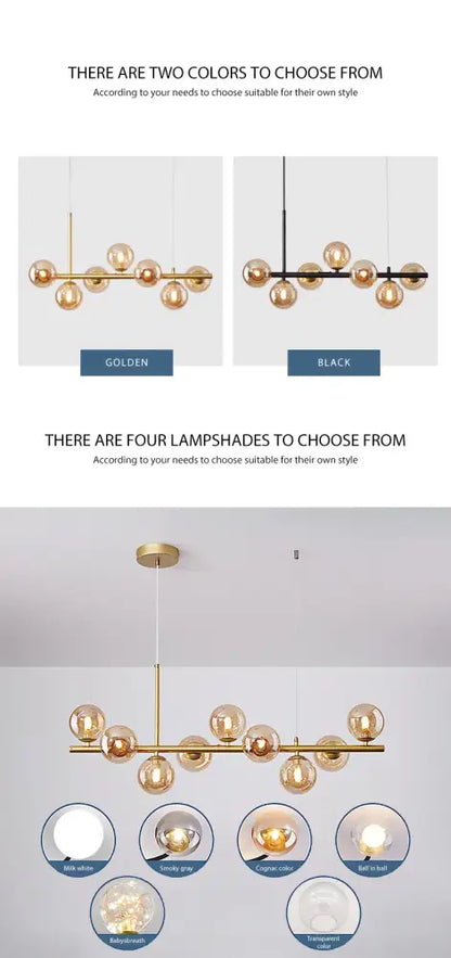 Modern black & gold head ring chandelier dining room amber glass globes