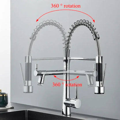 Modern led chrome dual nozzle kitchen faucet with spring design