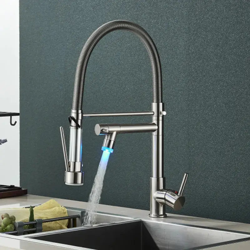 Modern led chrome dual nozzle kitchen faucet with spring design