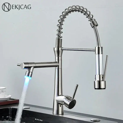 Modern led chrome dual nozzle kitchen faucet with spring design