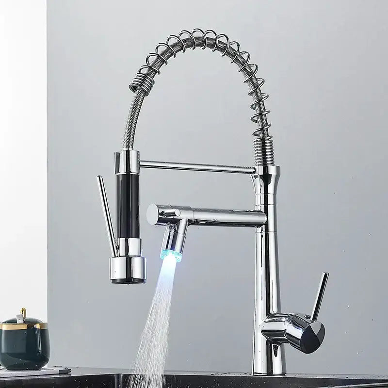 Modern led chrome dual nozzle kitchen faucet with spring design