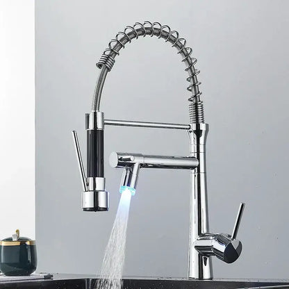 Modern led chrome dual nozzle kitchen faucet with spring design