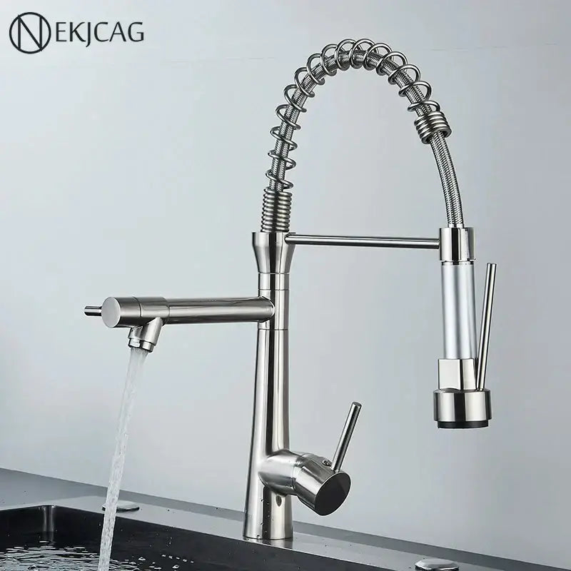 Modern led chrome dual nozzle kitchen faucet with spring design