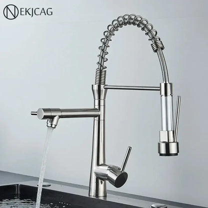 Modern led chrome dual nozzle kitchen faucet with spring design