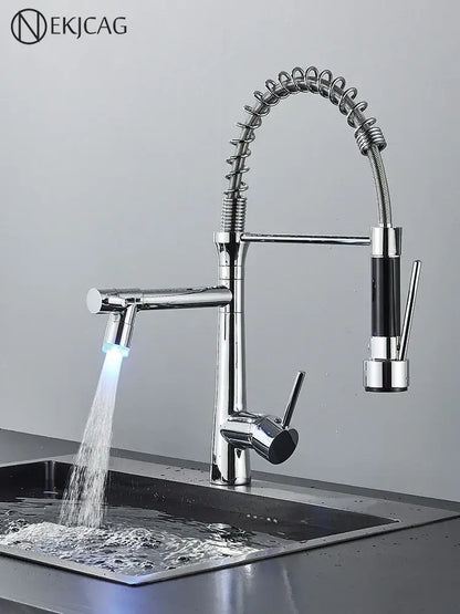 Modern led chrome dual nozzle kitchen faucet with spring design