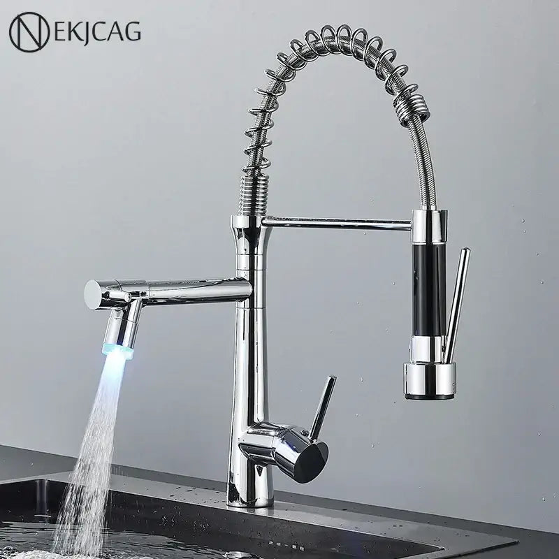 Modern led chrome dual nozzle kitchen faucet with spring design