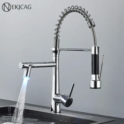 Modern led chrome dual nozzle kitchen faucet with spring design