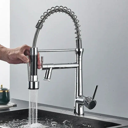 Modern led chrome dual nozzle kitchen faucet with spring design