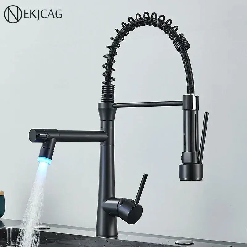 Modern led chrome dual nozzle kitchen faucet with spring design
