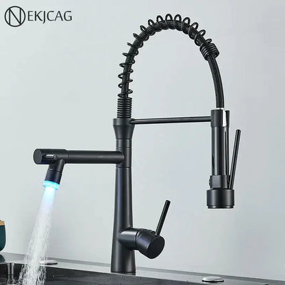 Modern led chrome dual nozzle kitchen faucet with spring design