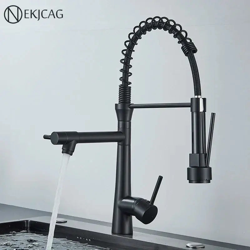 Modern led chrome dual nozzle kitchen faucet with spring design