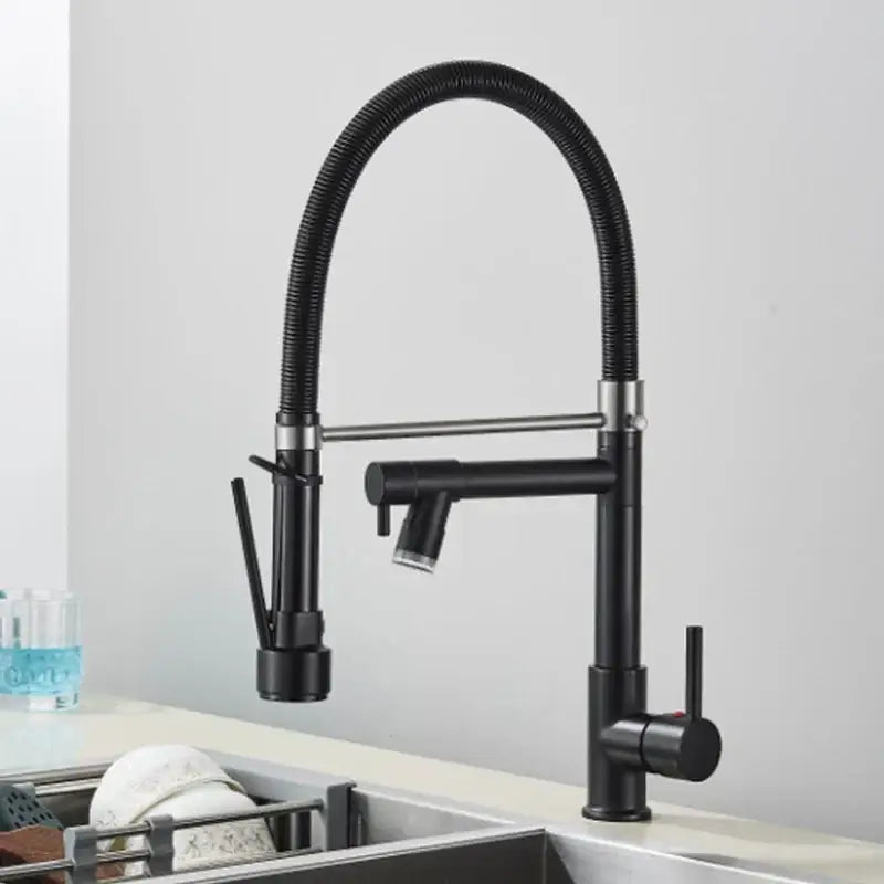 Modern led chrome dual nozzle kitchen faucet with spring design