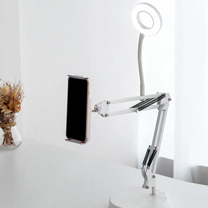 DecorBites™ Modern LED Vanity Lighting with Extendable Arm - White Metal Circle Design with Mobile Phone Support
