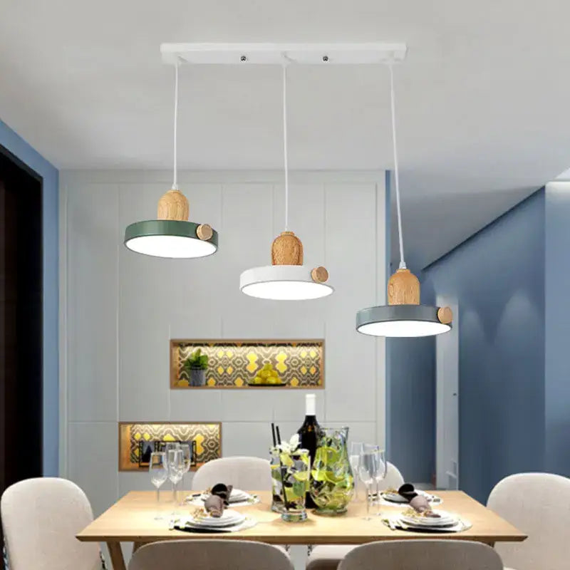 Modern led wood iron pendant light bedroom green white & gray
