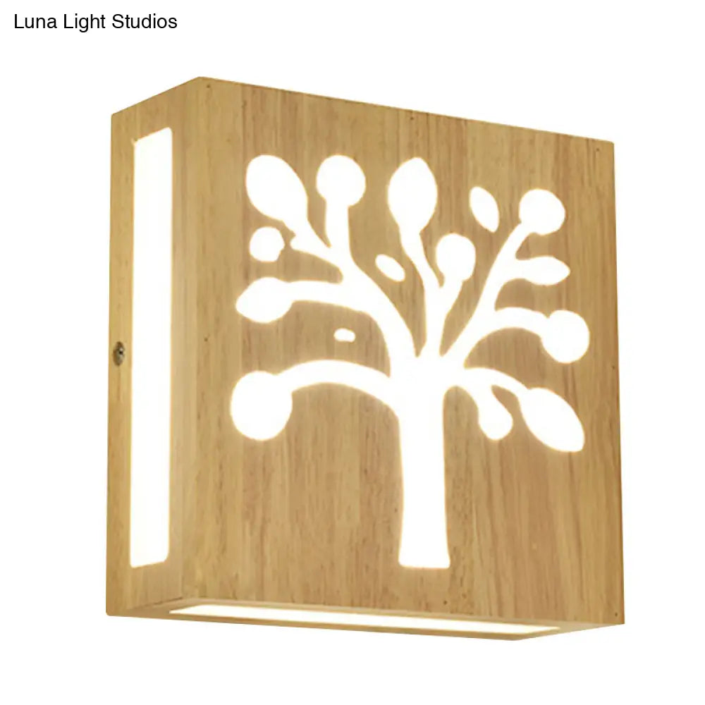 DecorBites™ Modern LED Wood Square Wall Sconce: Beige Bedside Light with Cute Pattern