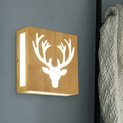 DecorBites™ Modern LED Wood Square Wall Sconce: Beige Bedside Light with Cute Pattern