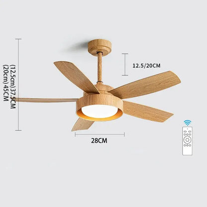 Modern light wood 5-blade ceiling fan with remote control led light bedroom