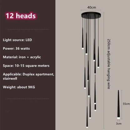 Modern loft black led stair chandelier living room pendant light