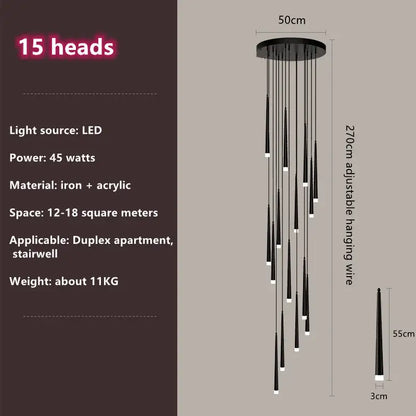 Modern loft black led stair chandelier living room pendant light