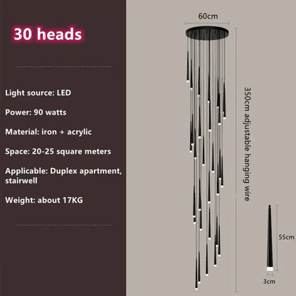 Modern loft black led stair chandelier living room pendant light