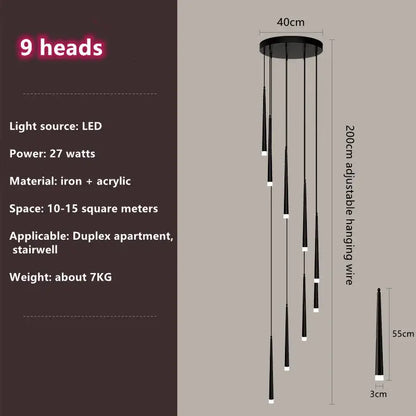 Modern loft black led stair chandelier living room pendant light