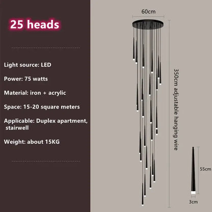 Modern loft black led stair chandelier living room pendant light
