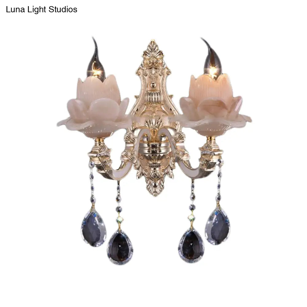DecorBites™ Modern Lotus Wall Light Fixture with Milky Glass, Brass Sconce, and Teardrop Crystal Accent