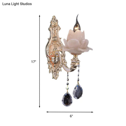 DecorBites™ Modern Lotus Wall Light Fixture with Milky Glass, Brass Sconce, and Teardrop Crystal Accent