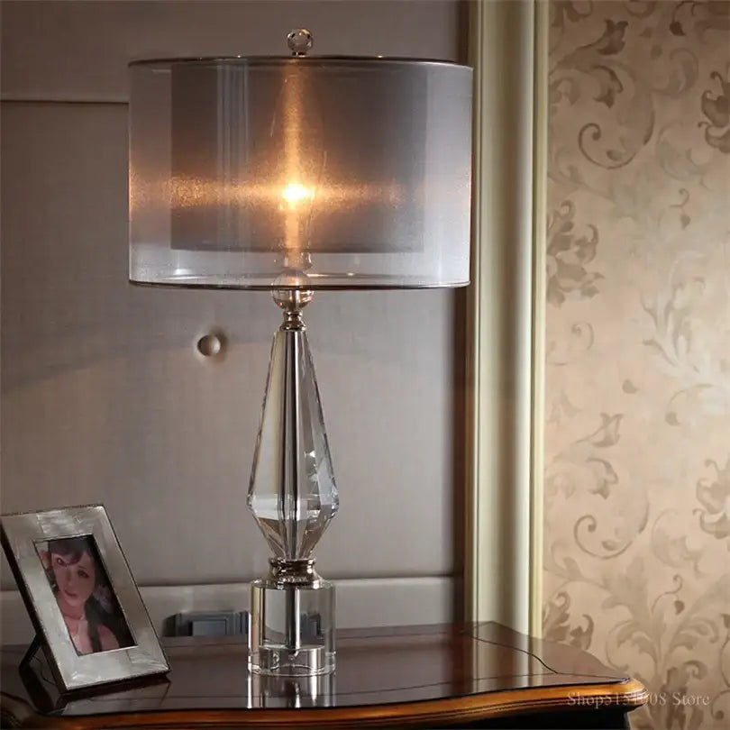 Modern luxe gray and crystal table lamp for bedroom lighting