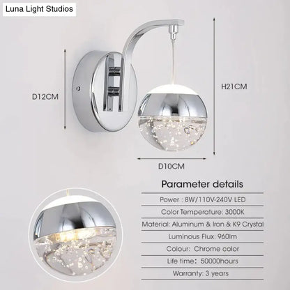 Modern luxurious crystal led wall sconce gold curved lamp for bedroom