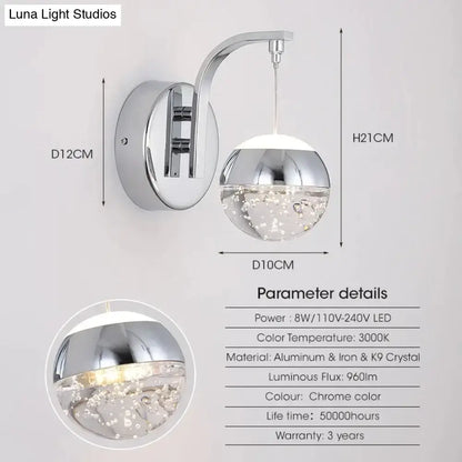 Modern luxurious crystal led wall sconce gold curved lamp for bedroom