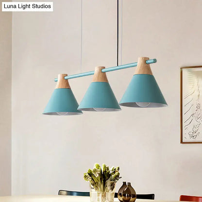 Modern macaron cone hanging light – blue & wood dining room fixture