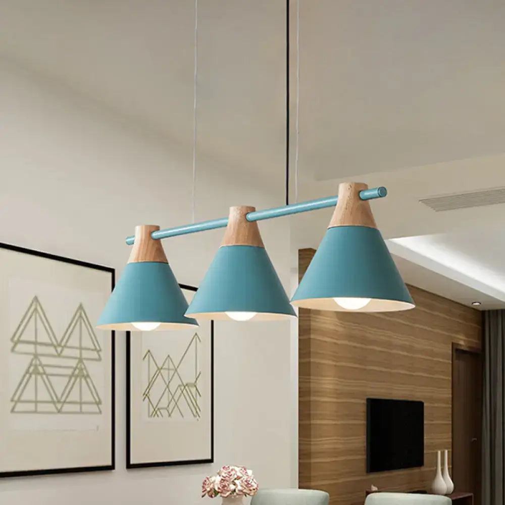 Modern macaron cone hanging light – blue & wood dining room fixture