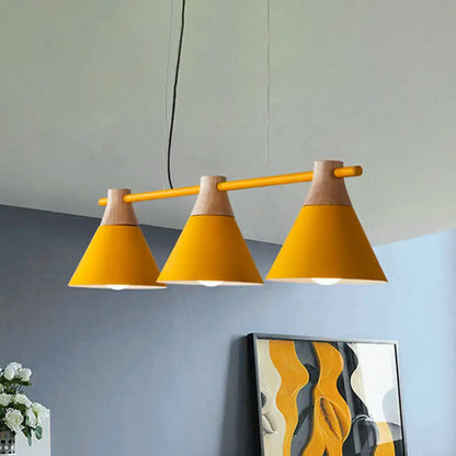 Modern macaron cone hanging light – blue & wood dining room fixture