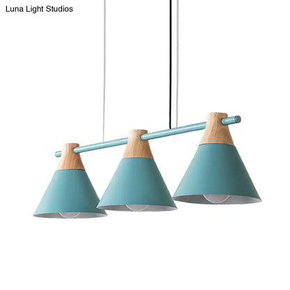 Modern macaron cone hanging light – blue & wood dining room fixture