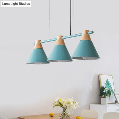 Modern macaron cone hanging light – blue & wood dining room fixture