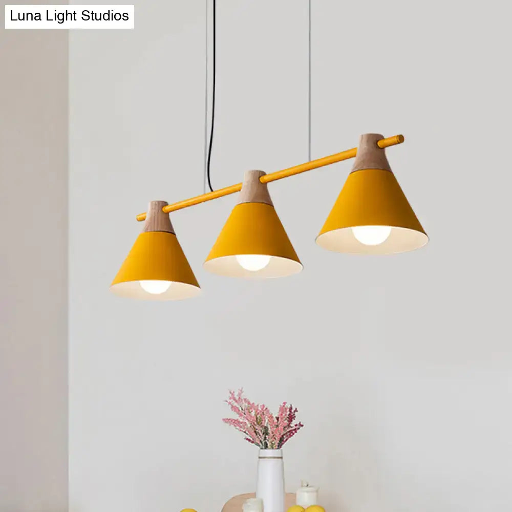 Modern macaron cone hanging light – blue & wood dining room fixture