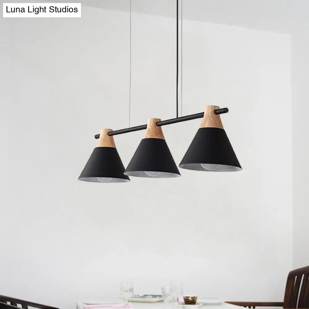 DecorBites™ Modern Macaron Cone Hanging Light Pendant - 3 Heads Island Fixture in Black/White/Blue with Wood Accents - Ideal for Dining Table