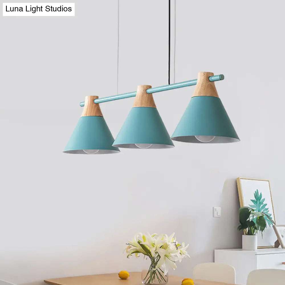 DecorBites™ Modern Macaron Cone Hanging Light Pendant - 3 Heads Island Fixture in Black/White/Blue with Wood Accents - Ideal for Dining Table