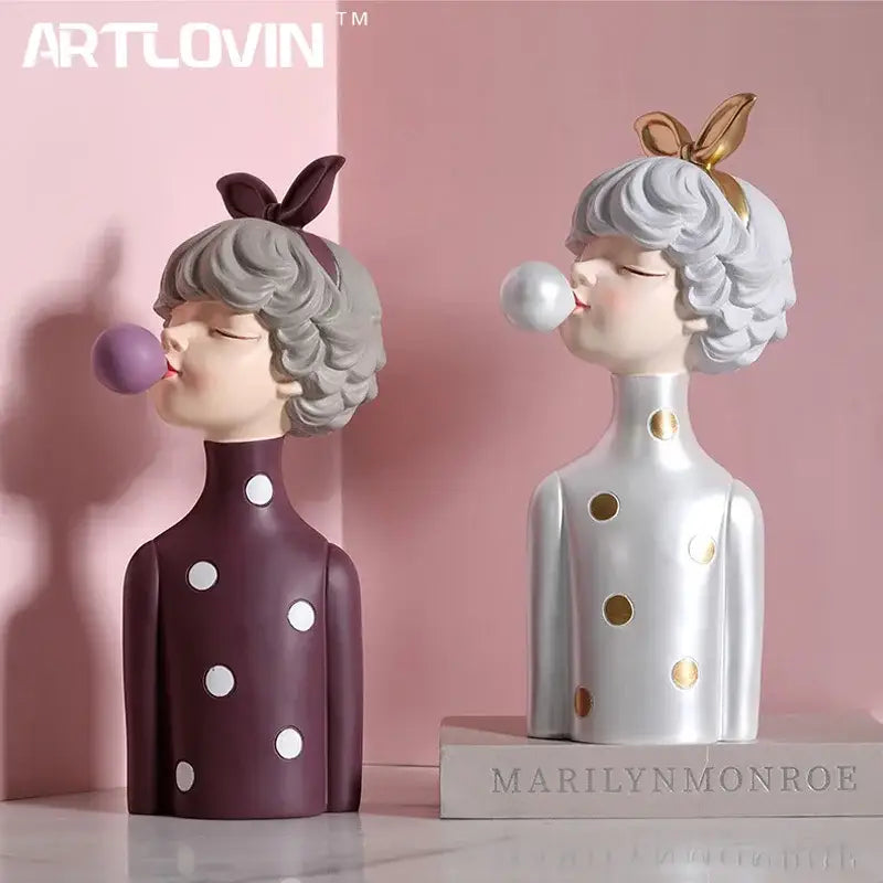 Modern maroon & silver bubble gum girl statue bedroom decor